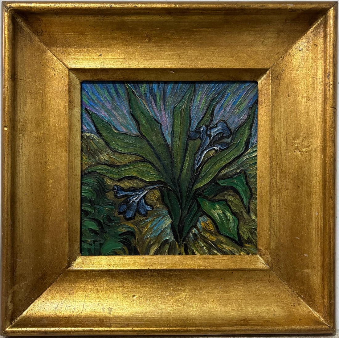 Vincent Van Gogh Dutch 1853-1890 Oil on Canvas painting in the style of. Gaugin, Monet, Degas Period: Title: Untitle Technique: Oil on canvas Measures: 12 x 12 in Year: Undated Condition: Good Provenance: Private collection Visual Description:The painting features a single plant with elongated, pointe