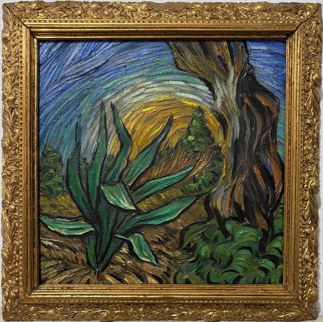 Vincent Van Gogh Dutch 1853-1890 Oil on Canvas painting in the style of. Gaugin, Monet, Degas Period: Title: Untitle Technique: Oil on canvas Measures: 15 x 15 in Year: Undated Condition: Good Provenance: Private collection Visual Description:The painting depicts a dynamic natural landscape rendered w