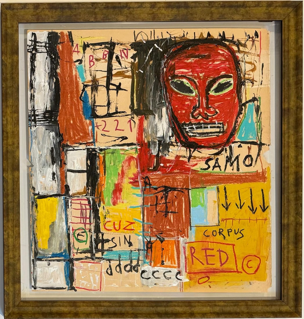 Jean Michel Basquiat Abstract In The Style of. Neo Expressionism & Modern Era Mixed Media/Paper.: Title: Untitle Technique: Mixed media on paper Measures: 23 x 22 in Year: Undated Condition: Good Provenance: Private collection Visual Description:This vibrant mixed media work is composed of fragmen