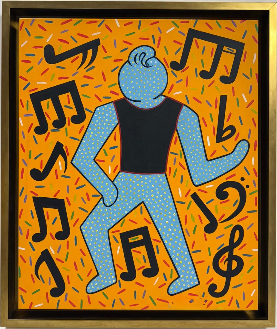 Keith Haring American 1958 - 1990 Acrylic/Canvas In The Style of. Warhol & Haring Pop Art Period.: Title: Untitle Technique: Acrylic on canvas Measures: 24 x 19 in Year: Undated Condition: Good Provenance: Private collection Visual Description:This lively acrylic painting features a stylized human