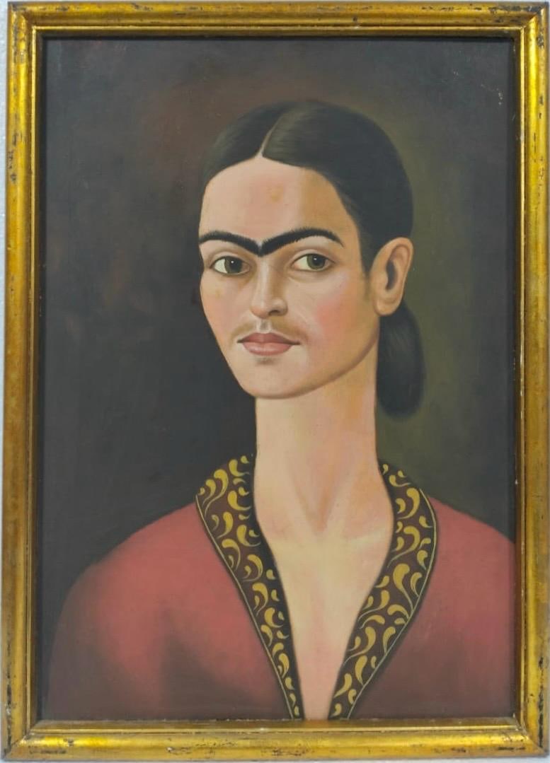 Frida Kahlo Mexican Oil on Masonite. In the Style of. Dali, Magritte, and Kahlo Surrealist Period.: Title: Untitle Technique: Oil on masonite Measures: 28 x 20 in Year: Undated Condition: Good Provenance: Private collection Visual Description:This portrait depicts a frontal bust of a woman with a ca