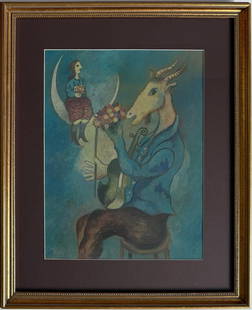 Marc Chagall 1887-1985 Watercolor on Paper painting in the style of. Picasso , Dali Surrealism Era: Title: Untitle Technique: Oil on canvas Measures: 18 x 14 in Year: Undated Condition: Good Provenance: Private collection, Barcelona; acquired by family descent This vibrant oil painting features two