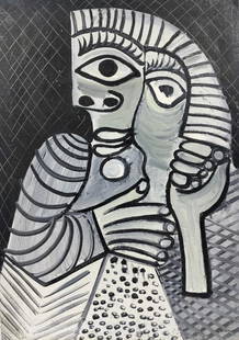 Pablo Picasso Spanish 1881-1973 Oil on canvas in the style of . Dali,Chagall & Picasso Era: Title: Tête d’homme Technique: Oil on canvas Measures: 27 x 19 in Year: 1969 Condition: Good Provenance: Private collection, France. Acquired in a private sale. Visual Description:The composition i