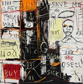 Jean Michel Basquiat 1960-1988 Abstract painting In The Style of. & Modern Era Mixed Media/Paper.