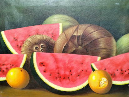 Frida Kahlo Mexican Oil on Canvas. In the Style of. Dali, Magritte, and Kahlo Surrealist Period.: Title: Still Life with Watermelons and Tropical Fruits Technique: Oil on canvas Measures: 23 x 31 in Year: 1938 Condition: Good Provenance: Private collection, New York Visual Description:This vivid s