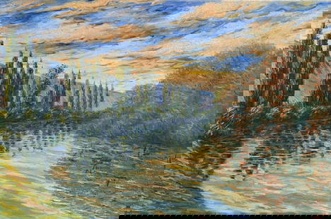 Claude Monet French 1840 - 1926 Oil on Canvas in the style of . Renoir & Manet Impressionist Era.: Title: Twilight Along the River Technique: Oil on canvas Measures: 16 x 24 in Year: Undated Condition: Good Provenance: Private collection, France. Acquired in 1970 by the father of the current owner.