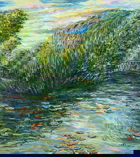 Claude Monet French 1840 - 1926 Oil on Canvas in the style of . Renoir & Manet Impressionist Era.: Title: Bridge Over Water Lilies Technique: Oil on canvas Measures: 24 x 16 in Year: Undated Condition: Good Provenance: Private collection, France. Acquired by 1970 by the father of the current owner.