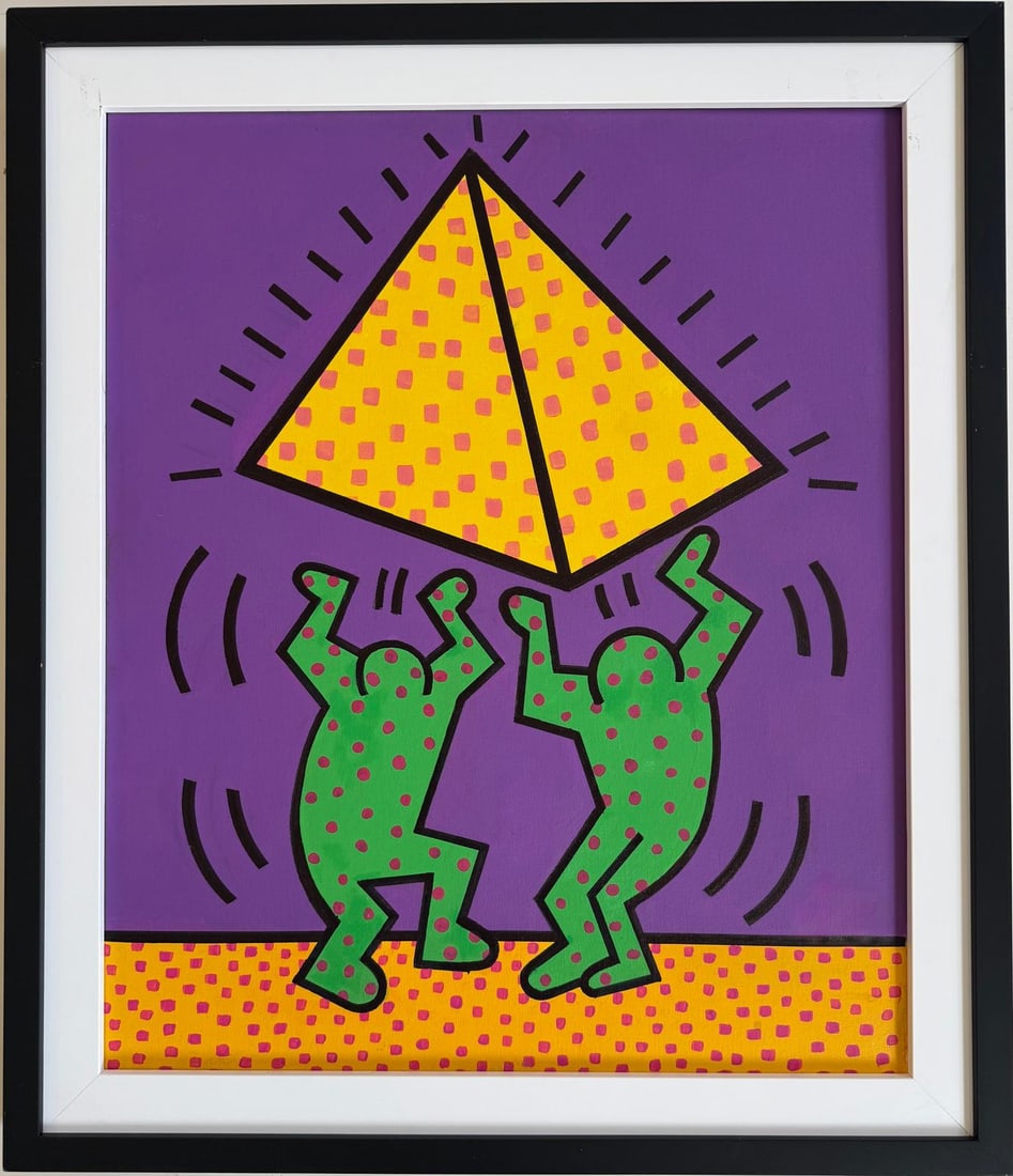 Keith Haring American 1958 - 1990 Acrylic/Canvas In The Style of. Warhol & Haring Pop Art Period.: Item DetailsDescription Title: Untitle Technique: Acrylic on Canvas Measures: 24 x 20 in Year: Undated Condition: Good Provenance: Private collection Visual Description:This bold and vibrant acrylic p