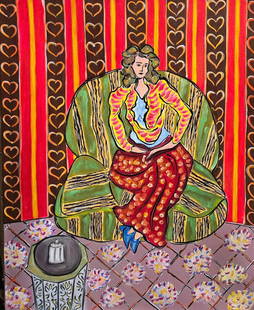Henri Matisse French1869 -1954 Oil on canvas painting in the style of Picasso Monet Van Gogh Era: Title: Woman in Patterned Room Technique: Oil on canvas Measures: 20 x 16 in Year: Undated Condition: Good Provenance: Private collection, France Visual Description:The painting depicts a seated woman