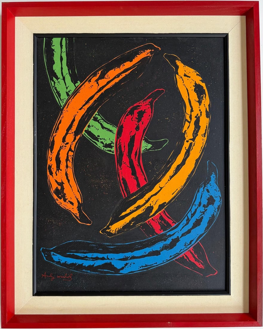Andy Warhol American 1928-1987 Acrylic on Canvas Painting in the style of. Basquiat Pop Art Era: Title: Colorful Bananas Technique: Acrylic on canvas Measures: 22 x 16 inches Year: 1985 Condition: Good Provenance: Private Collection Private collection New York, acquired directly from private coll
