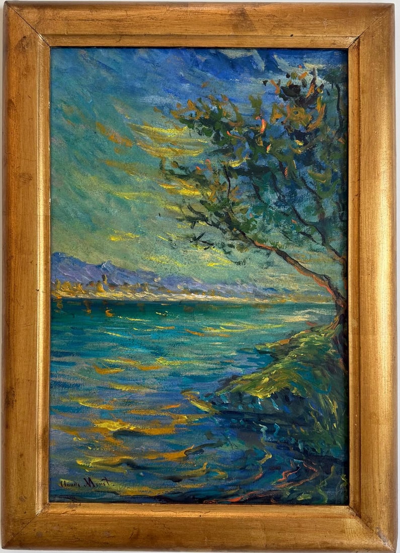 Claude Monet French 1840 - 1926 Oil on Canvas Painting in the style of, Modigliani ,Degas Era: Title: Twilight on the Lake Technique: Oil on canvas Measures: 18 x 12 inches Year: 1894 Condition: Good Provenance:Originally acquired by Carl Reiminghaus in the early 20th century, this painting rem