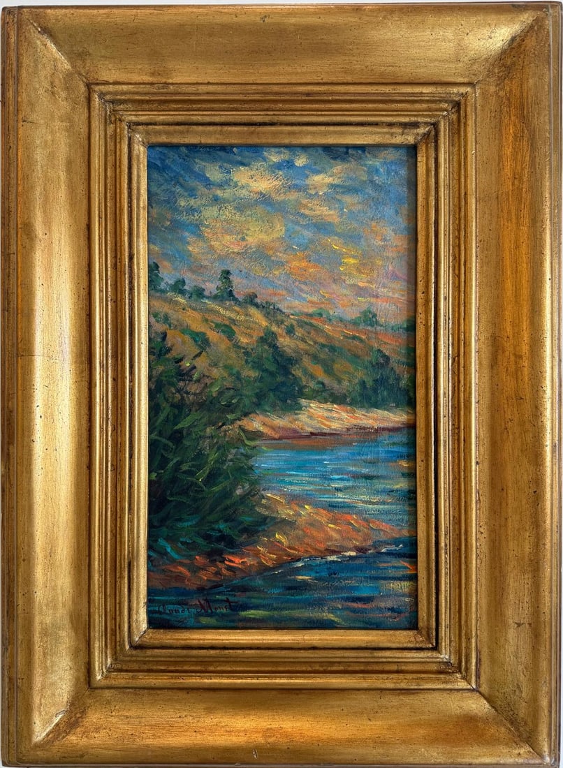 Claude Monet French 1840 - 1926 Oil on Canvas Painting in the style of, Modigliani ,Degas Era: Title: Golden Reflections on the Riverbank Technique: Oil on canvas Measures: 14 x 9 inches Year: 1891 Condition: Good Provenance:Private Collection, originally held by Jean Lucy Moreau By descent to