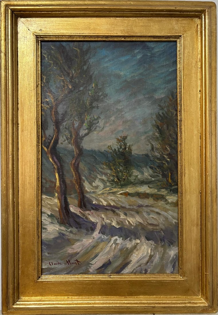 Claude Monet French 1840 - 1926 Oil on Canvas Painting in the style of , Modigliani ,Degas Era: Title: Snow-Covered Pathway with Trees Technique: Oil on canvas Measures: 23 x 16 inches Year: 1891 Condition: Good Provenance:Private Collection of Julien Mercier, acquired through an anonymous sale