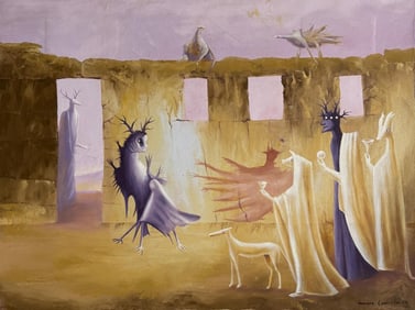 Leonora Carrington British-Mexican Oil/Canvas Painting in the style of. Magritte, Dali, Surrealism.