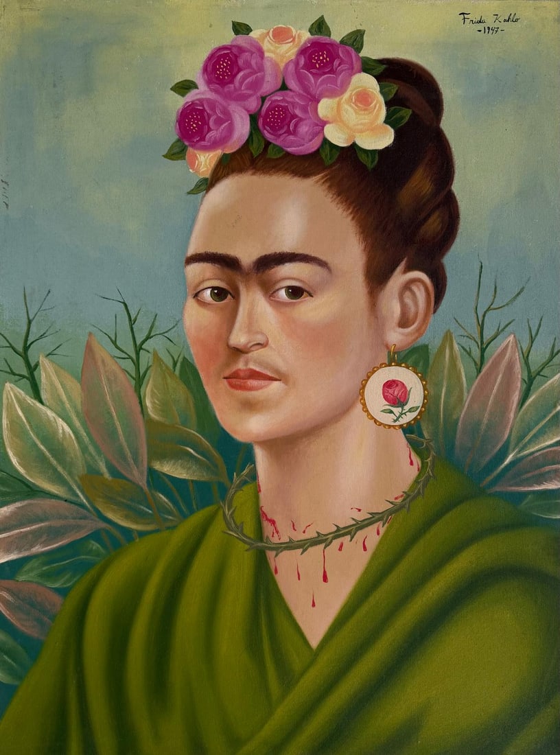 Frida Kahlo Mexican Oil on Canvas painting In the Style of. Dali, Magritte, and Kahlo Period.: Title: Self Portrait Technique: Oil on canvas Measures: 31 x 23 inches Year: 1947 Condition: Good Provenance: Private Collection, New York. Originally acquired in France around 1959 by a prominent Lat
