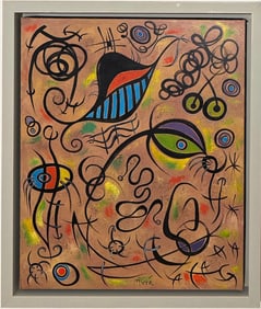 Joan Miro Spanish 1893 - 1983 Oil on Canvas in the style of. Dali, Magritte, & Miro Surrealism Era.
