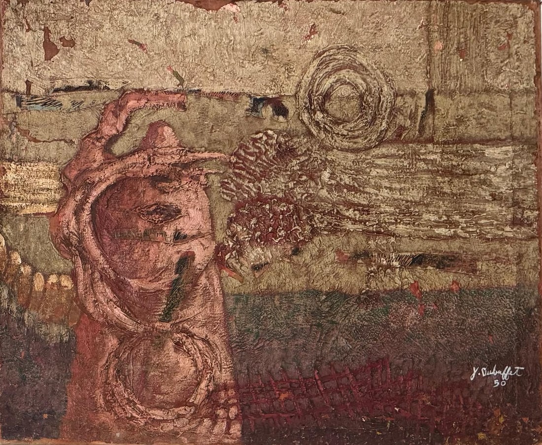 Jean Dubuffet French 1901 - 1985 Oil on Canvas in the style of Picasso Magritte Dali Era.: Title: L taint plumb Technique: Oil on canvas Measures: 15 x 13 inches Year: 1950 Condition: Good Provenance:Private Collection, Paris Previously in the estate of Étienne Vaillant, acquired directly