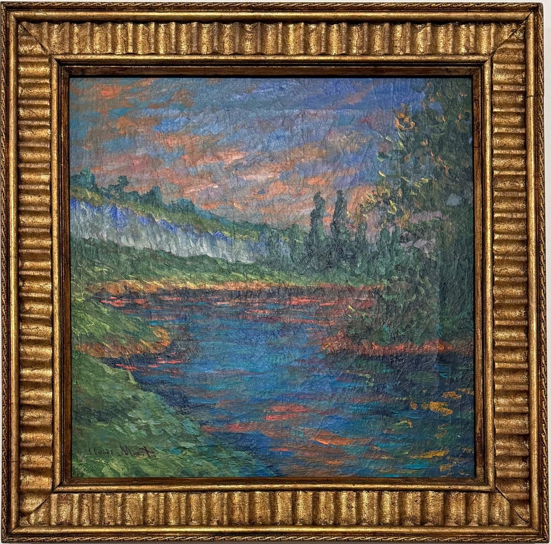 Claude Monet French 1840 - 1926 Oil on Canvas in the style of . Renoir & Manet Impressionist Era.: Title: Reflections on a Quiet River Technique: Oil on Canvas Measures: 13 x 13 inches Year: 1886 Condition: Good Provenance: Private Collection, France. Originally acquired in the early 1950s by Dr. L