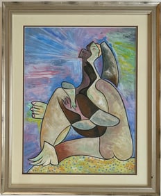 Pablo Picasso Spanish Gouache on Paper In The Style Of. Dali, Magritte, Chagall & Picasso Era