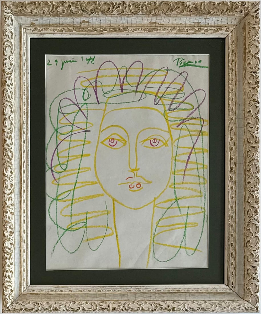 Pablo Picasso Spanish Crayon on Paper In The Style Of. Dali, Magritte, Chagall & Picasso Era (1 of 6)