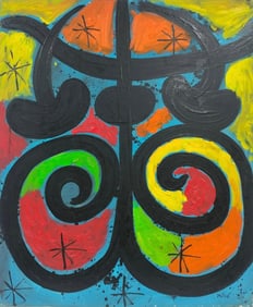 Joan Miro Spanish 1893 - 1983 Oil on Canvas in the style of. Dali, Magritte, & Miro Surrealism Era.