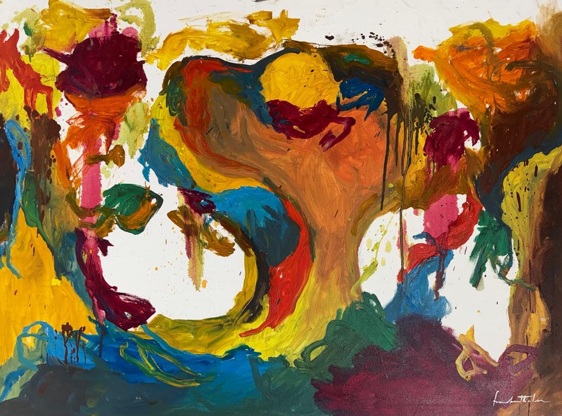 Helen Frankenthaler American 1928-2011 oil on canvas in the style of. Pollock , Rothko , Kline Era: Title: Volcano Technique: Oil on canvas Measures: 35 x 47 inches Year: 1964 Condition: Good Provenance:Private Collection, originally acquired in Rome in the mid-1960s by collector Antonio Gherardi, a