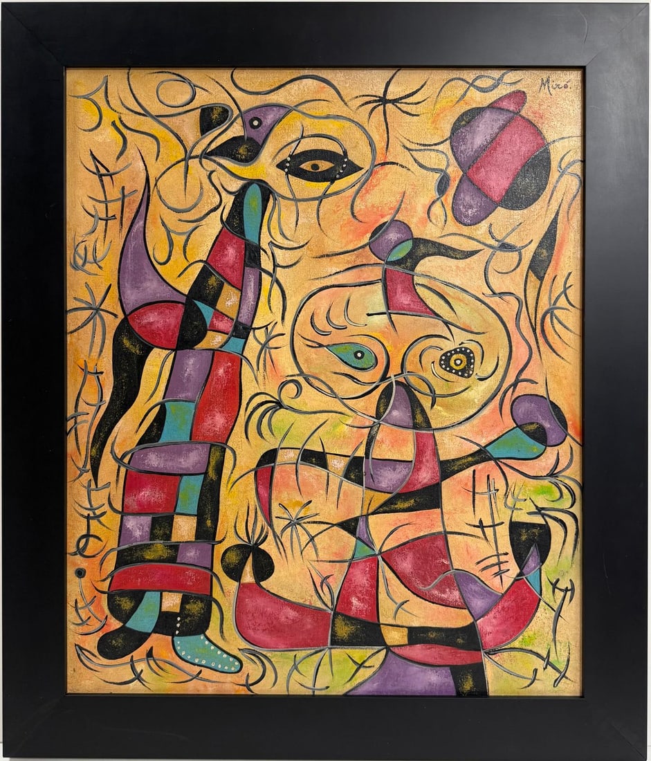 Joan Miró Spanish 1893–1983, Oil on Canvas in the style of Dali, Magritte, Chagall & Picasso Era: Title: Figures in a Dreamscape Technique: Oil on canvas Measures: 24 x 20 inches Year: 1947 Condition: Good Provenance:Acquired in Paris in the late 1940s through Galerie Maeght, a leading dealer of M