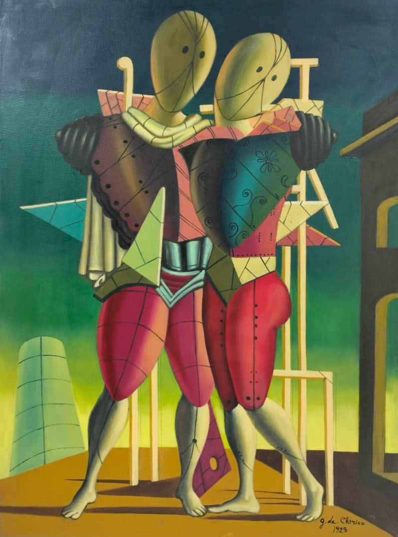 Giorgio de Chirico Italian 1888–1978, Oil on Canvas in the style of Carrà, Morandi, Savinio Era: Title: The Lovers Technique: Oil on canvas Measures: 31 ½ x 26 ½ in. (80 x 60 cm) Year: 1923 Condition: Good Provenance:Acquired in Rome directly from the artist’s studio in 1923 by It