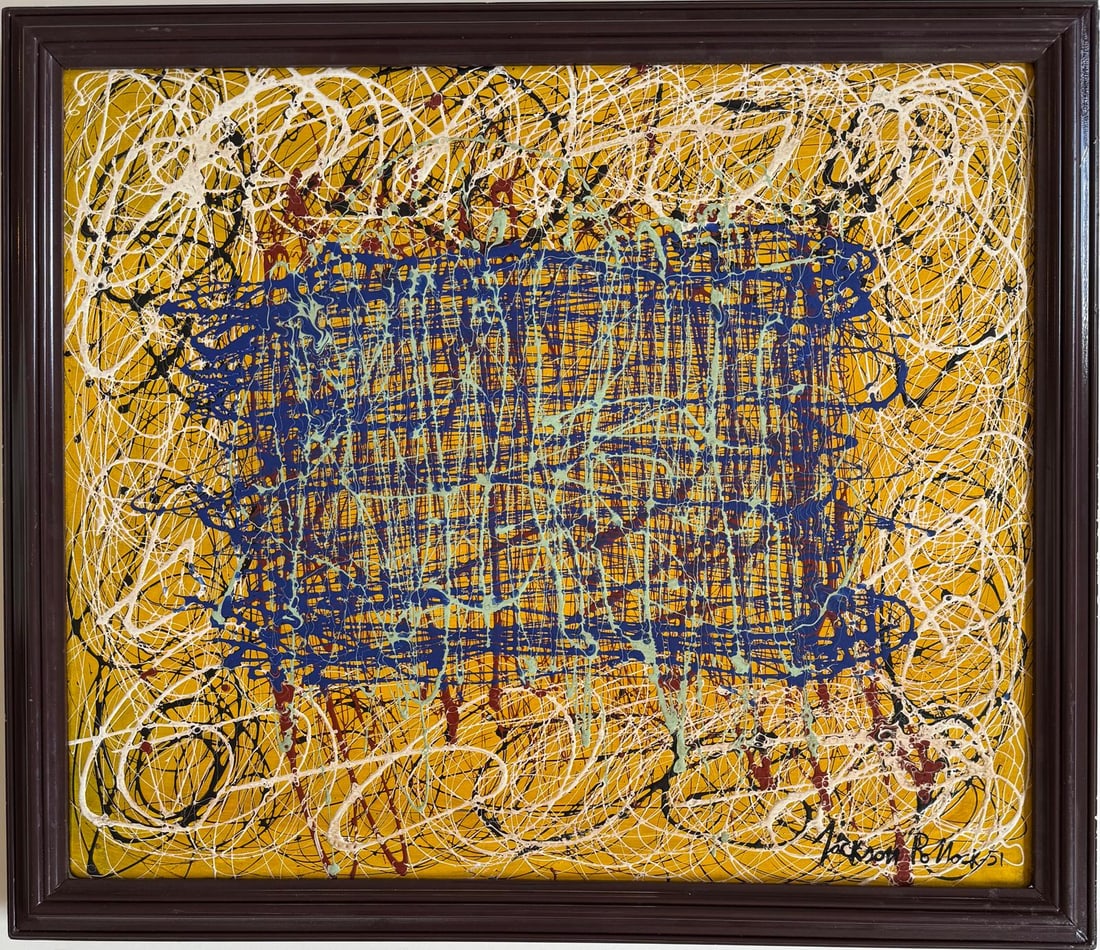 Jackson Pollock American 1912–1956, Oil on Canvas in the style of de Kooning, Rothko, Kline Era: Title: Drip Composition on Yellow Ground Technique: Oil on canvas Measures: 21 x 25 inches Year: 1951 Condition: Good Provenance:Acquired directly from the Betty Parsons Gallery, New York, in 1952 by