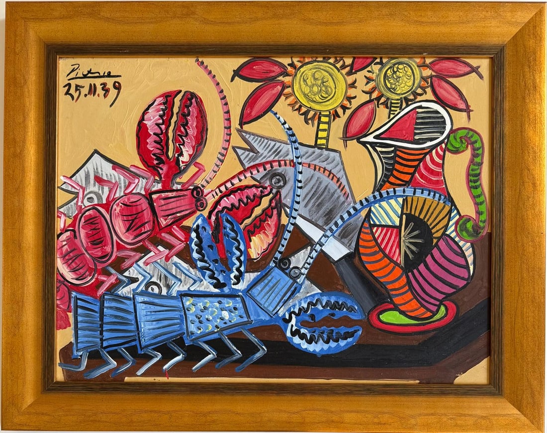 Pablo Picasso Spanish 1881–1973, Oil on Canvas in the style of Braque, Gris, Léger & Picasso Era: Title: Still Life with Lobster and Sunflowers Technique: Oil on canvas Measures: 21 x 28 inches (54 x 69 cm) Year: 1939 Condition: Good Provenance:Acquired in Paris in 1940 by Jean Morel, an early col