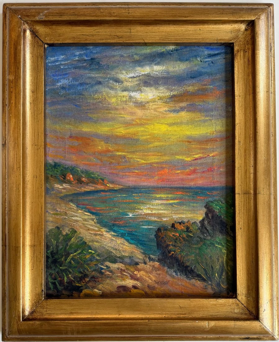 Claude Monet French 1840–1926, Oil on Canvas in the style of Renoir, Sisley, Pissarro & Monet Era: Title: Coastal Sunset Technique: Oil on canvas Measures: 16 x 12 inches Year: 1885 Condition: Good Provenance:Private collection, Le Havre, acquired in the late 19th century. Subsequently in the colle