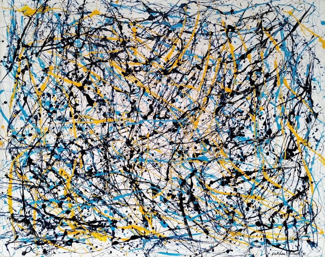 Jackson Pollock American 1912–1956, Oil Paint on Canvas in the style of de Kooning, Rothko Era: Title: Number 39 VII Technique: Oil, enamel, and aluminum paint on canvas Measures: 47 x 59 in. Year: 1951 Provenance:From a private collection. Hand-signed and dated “Jackson Pollock 51” at t