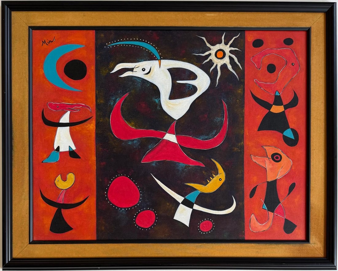 Joan Miró Spanish 1893–1983, Acrylic on Canvas in the style of Picasso, Klee, & Calder Era: Title: Untitled (Solar Bird and Totems) Technique: Acrylic on canvas Measures: approx. 27 ½ x 35 ½ in. (70 x 90 cm) Year: 1962 (circa) Provenance:From a private European collection. Sign