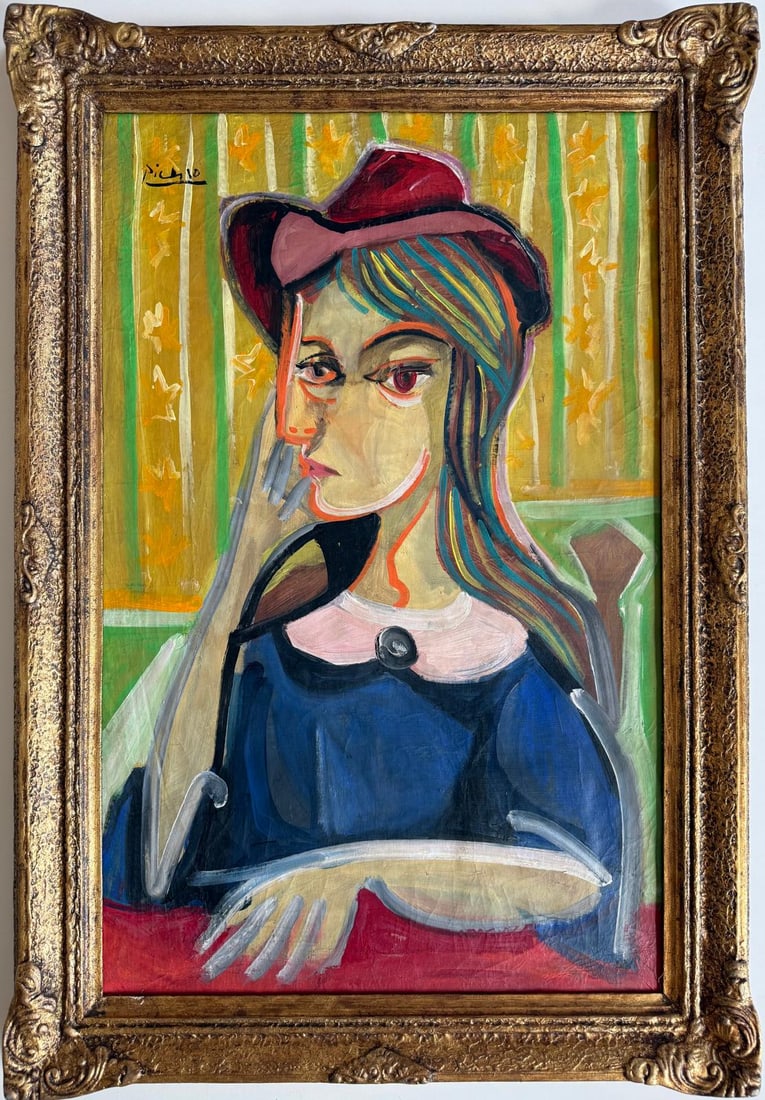 Pablo Picasso Spanish 1881–1973, Oil on Canvas in the style of Braque, Gris, & Matisse Era: Title: Untitled (Seated Woman with Red Hat) Technique: Oil on canvas Measures: 27 x 18 inches Year: 1962 Condition: Very Good Provenance:From a private European collection, acquired in the mid-20th ce