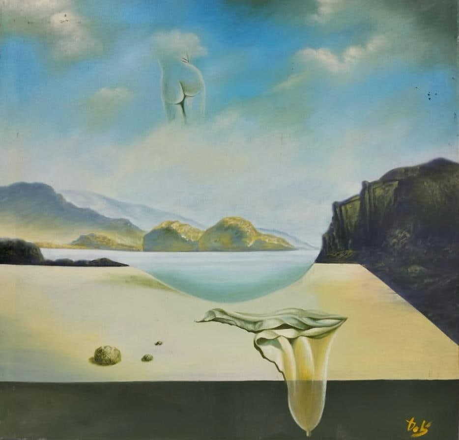Salvador Dalí Spanish 1904–1989, Oil on Canvas in the style of Magritte, Ernst, Tanguy, & Miró: Title: Rêve de liberté Technique: Oil on canvas Measures: 24 × 25 in. (61 × 63.5 cm) Year: 1960 Provenance:From a private collection. Signed “Dalí” lower right. Accompanied by a gallery/e