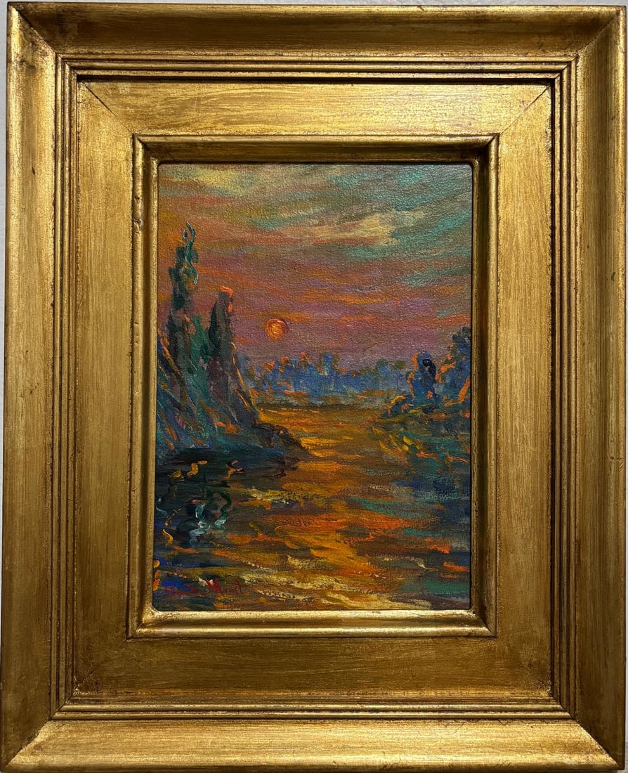 Claude Monet French 1840–1926, Oil on Canvas in the style of Renoir, Sisley, Pissarro & Monet Era: Title: Sunset Over the Seine Technique: Oil on canvas Measures: 16 x 13 inches Year: 1901 Condition: Good Provenance: Private collection, Paris; acquired by Marcel Lefebvre from Galerie Durand-Ruel, c