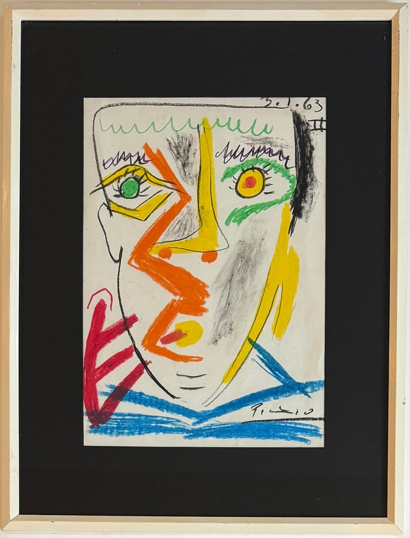 Pablo Picasso Spanish 1881-1973 Oil on Canvas in the style of . Dali,Magritte,Chagall & Picasso Era: Title: Homme Tête Technique: Crayon on paper Measures: 17 x 12 inches Year: 1970 Condition: Good Provenance:Originally held in the private collection of Monsieur Laurent Dufresne, Paris, acquired in