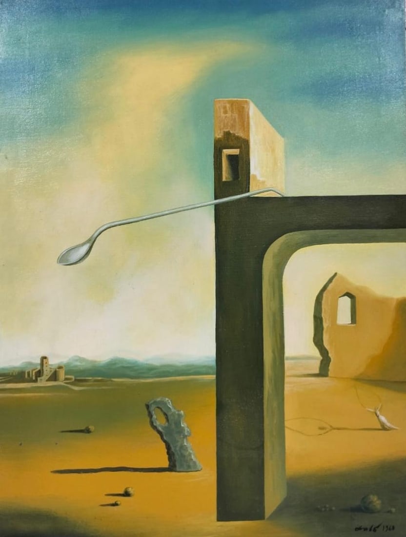 Salvador Dali Spanish 1904 - 1989 Oil on Canvas Painting in the style of. Picasso & Dali Surrealism: Title: La Rinascita Technique: Oil on canvas Measures: 31 x 26 inches Year: 1960 Condition: Good Provenance: Private Collection. Acquired in the early 1970s by Professor Antoine DeLorme from a surreal