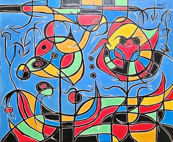 Joan Miro Spanish 1893 - 1983 Oil on Canvas in the style of. Dali, Magritte, & Miro Surrealism Era.