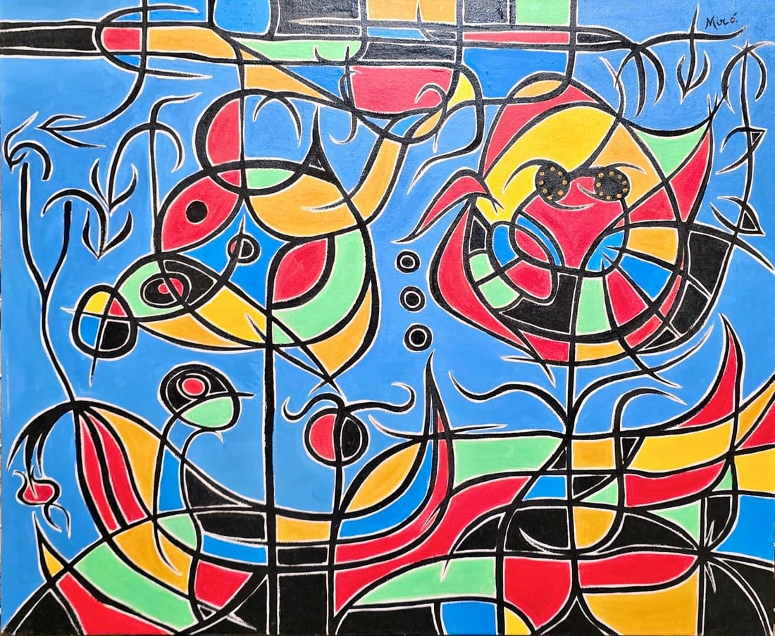 Joan Miro Spanish 1893 - 1983 Oil on Canvas in the style of. Dali, Magritte, & Miro Surrealism Era.: .This piece embodies the surrealist and abstract style of Joan Miró, who lived from April 20, 1893, to December 25, 1983. A pioneer of surrealist thought, Miró's works often sought to access the unc