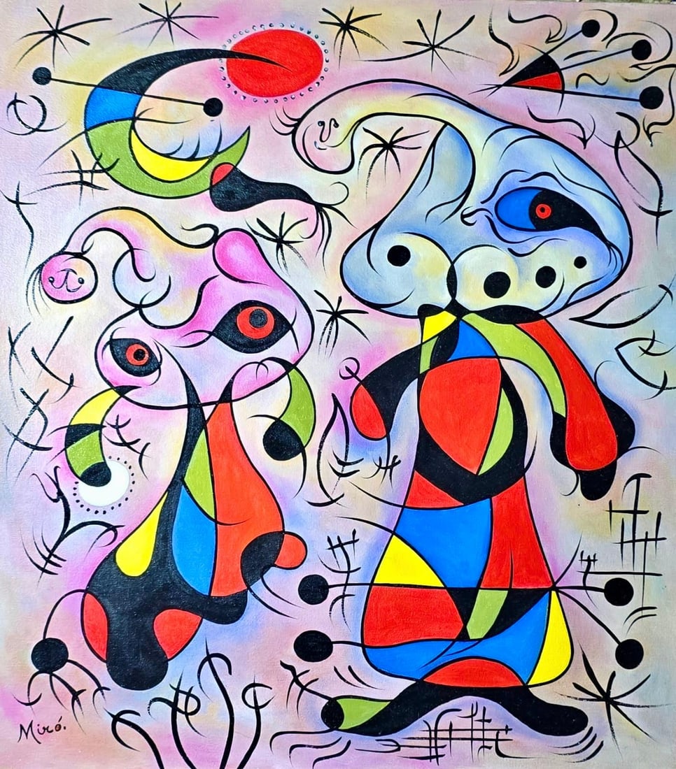 Joan Miro Spanish 1893 - 1983 Oil on Canvas in the style of. Dali, Magritte, & Miro Surrealism Era.: .This piece embodies the surrealist and abstract style of Joan Miró, who lived from April 20, 1893, to December 25, 1983. A pioneer of surrealist thought, Miró's works often sought to access the unc