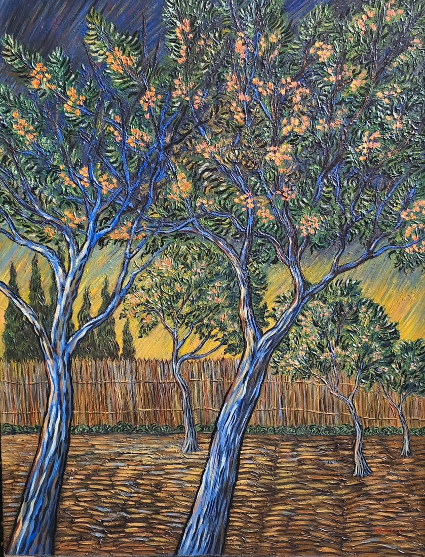 Vincent Van Gogh Dutch 1853-1890 Oil on Canvas painting in the style of. Gaugin, Monet, Degas Period: Title: Twilight Orchard Technique: Oil on canvas Measures: 26 x 20 inches Year: circa 1889 Condition: Good Provenance: Private Collection. Acquired in the early 1990s from a French estate by collector