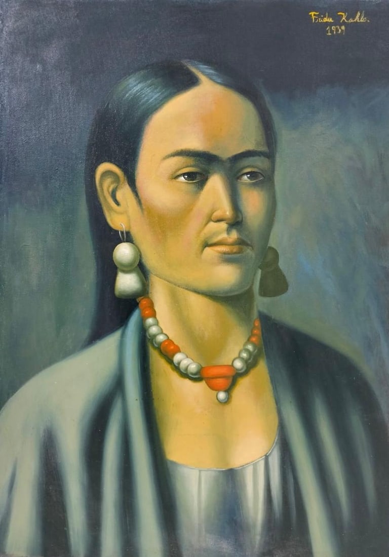 Frida Kahlo Mexican Oil on Canvas painting In the Style of. Dali, Magritte, and Kahlo Period.: Title: Self Portrait Technique: Oil on canvas Measures: 27 x 20 inches Year: 1939 Condition: Good Provenance:Private Collection, formerly in the estate of María Teresa Mendoza (Mexico City, 1940s), p