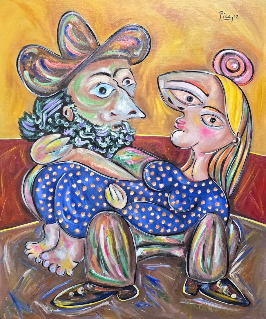 Pablo Picasso Spanish 1881-1973 Oil on Canvas in the style of . Dali,Magritte,Chagall & Picasso Era: Title: Embrace in Blue Technique: Oil on canvas Measures: 20 x 16 inches Year: 1945 Condition: Good Provenance:Private collection, Marseille, acquired mid-1950s by Jean-Paul Lemoine, a noted post-war