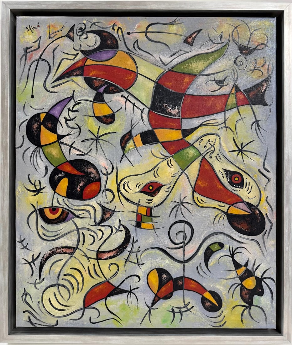 Joan Miro Spanish 1893 - 1983 Oil on Canvas in the style of. Dali, Picasso, Magritte, Chagall Era: Title: Retrat Arquitectònic en la Penombra Technique: Oil on Canvas Measures: 24 x 20 inches Year: No dated Condition: Good Provenance:Originally held in the private collection of Luis Araoz, a Spani