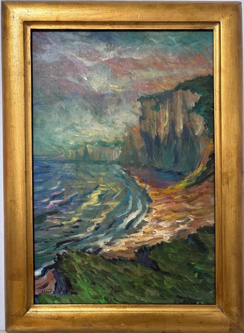 Claude Monet French 1840 - 1926 Oil on Canvas Painting in the style of, Modigliani ,Degas Era: Title: Cliffs at Sunset Tide Technique: Oil on canvas Measures: 20 x 15 inches Year: Undated Condition: Good Provenance:Private collection, Europe.Previously held in the collection of Maurice Le Garre