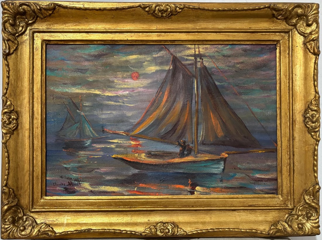 Claude Monet French 1840 - 1926 Oil on Canvas Painting in the style of, Modigliani ,Degas Era: Title: Sails at Dusk Technique: Oil on canvas Measures: 17 x 23 inches Year: Undated Condition: Good Provenance:Private collection of Jean D. Allayer, acquired in Europe and held until sold by 1950. L