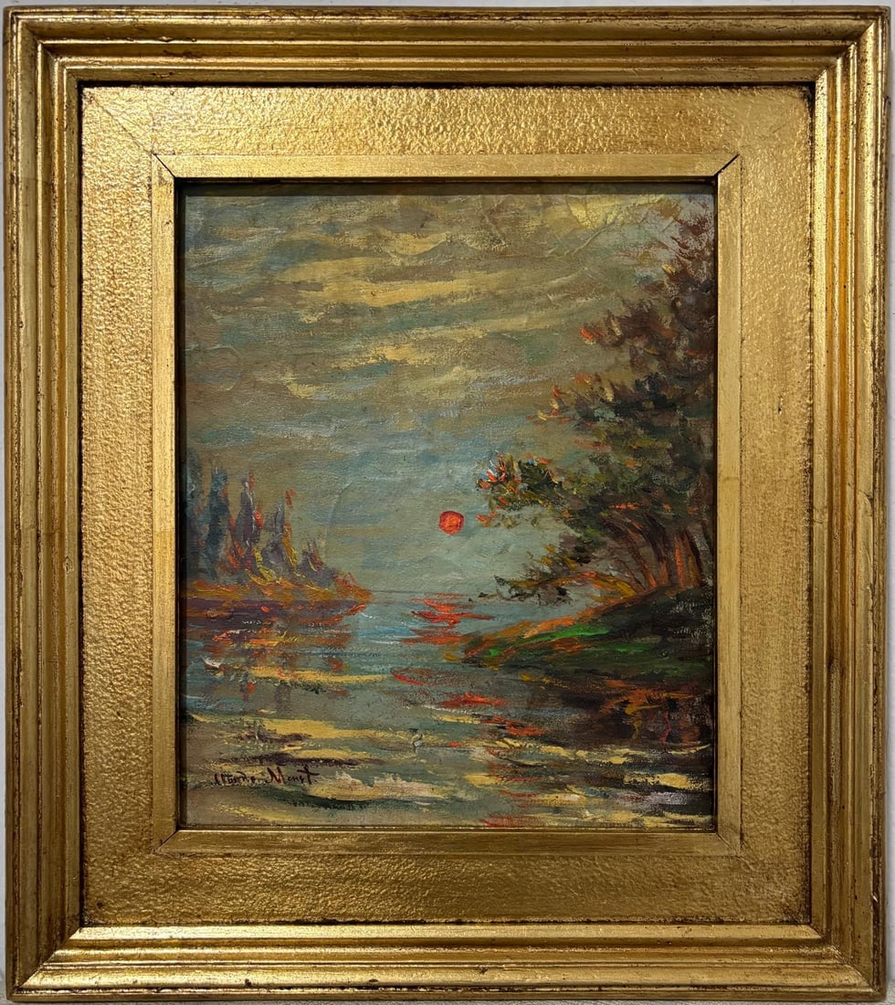 Claude Monet French 1840 - 1926 Oil on Canvas Painting in the style of, Modigliani ,Degas Era: Title: Sunset Over the River Bend Technique: Oil on canvas Measures: 17 x 15 inches Year: Undated Condition: Good Provenance:Private collection, Spain.Previously held in a family estate, passed down b