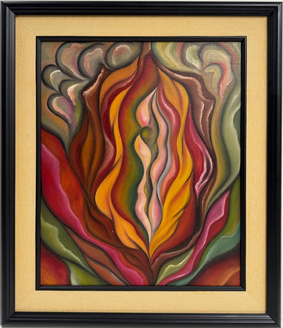 Georgia o'Keeffe American Oil On Canvas Painting in the style of. Pollock & O'Keeffe. Abstract Era: Title: Blossom in Firelight Technique: Oil on canvas Measures: 20 x 16 inches Year: Undated Condition: Good Provenance:Private collection, Texas.Acquired by the father of the current owner directly fr