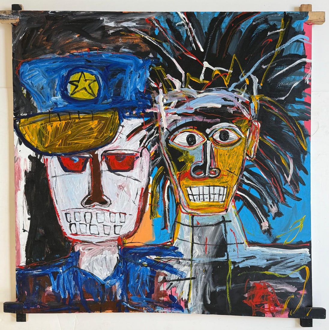 Jean Michel Basquiat 1960-1988 Abstract painting In The Style of. Haring,Warhol,Basquiat Era.: Title: Untitled Technique: Acrylic on canvas Measures: 42 x 42 inches Year: 1982 Condition: Good Provenance:Private collection, West Palm Beach, Florida.Acquired in the early 1990s from a New York dea